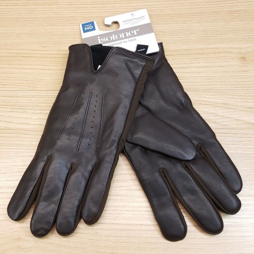 ISOTONER Gloves Mens Medium Brown Leather Touchscreen Water Repellent Lined